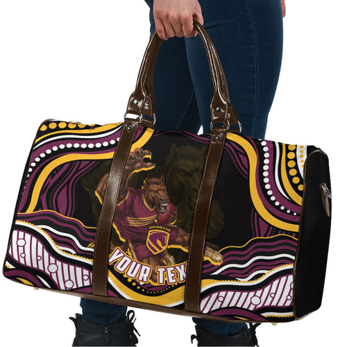 Personalized Brisbane Broncos Travel Bag Aboriginal Dot Art - Dreamtime Rugby Mascot