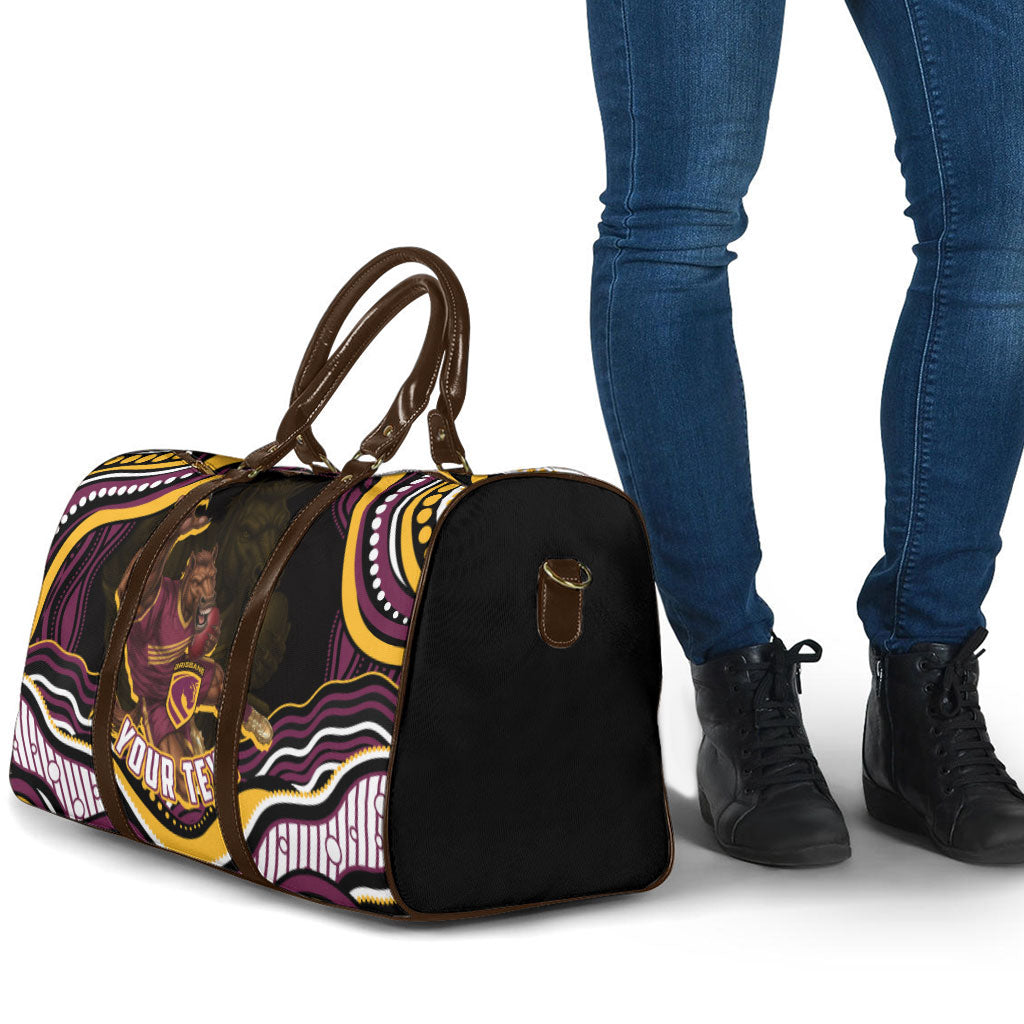 Personalized Brisbane Broncos Travel Bag Aboriginal Dot Art - Dreamtime Rugby Mascot