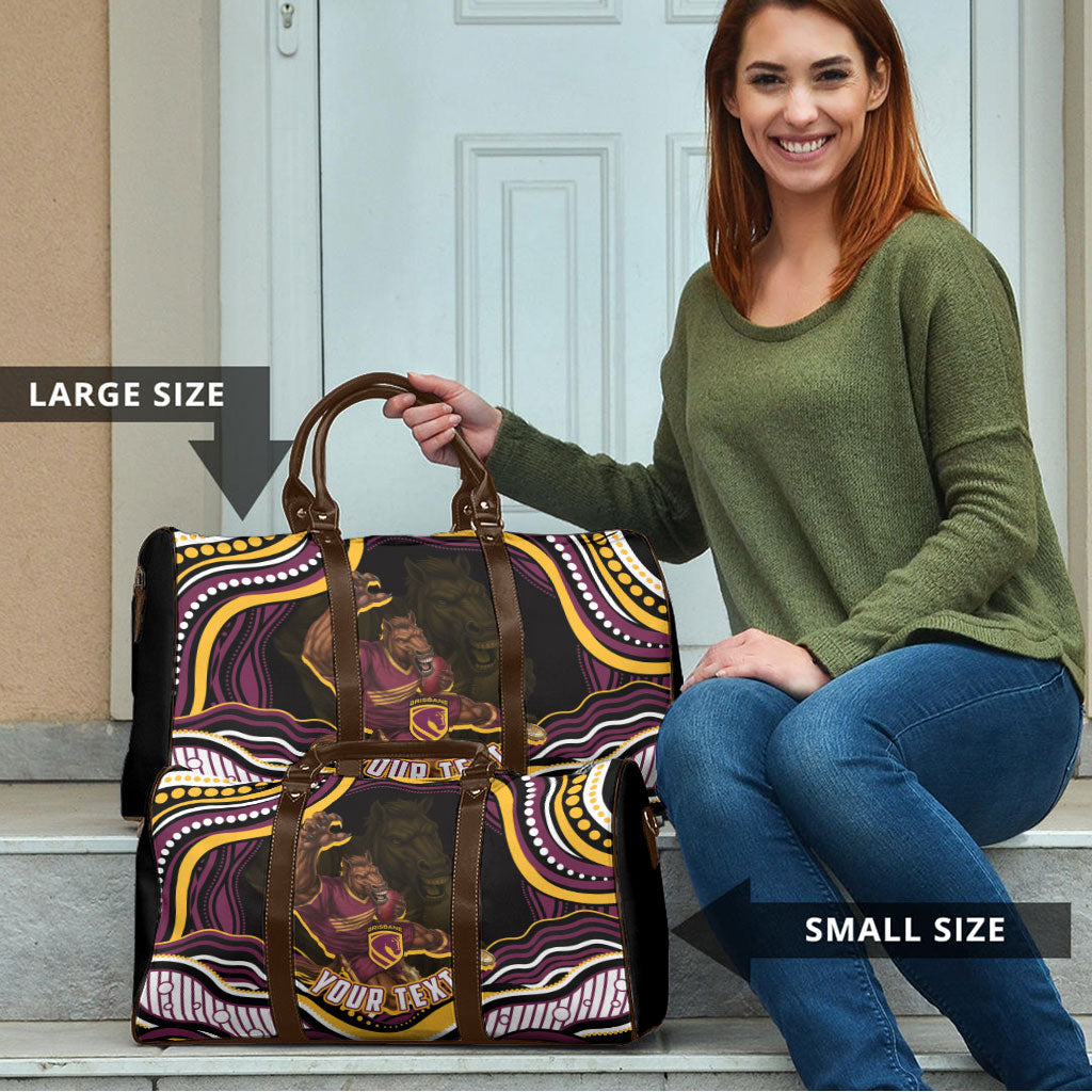 Personalized Brisbane Broncos Travel Bag Aboriginal Dot Art - Dreamtime Rugby Mascot