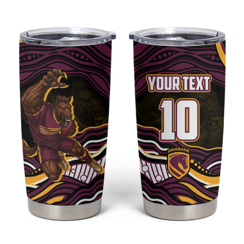 Personalized Brisbane Broncos Tumbler Cup Aboriginal Dot Art - Dreamtime Rugby Mascot