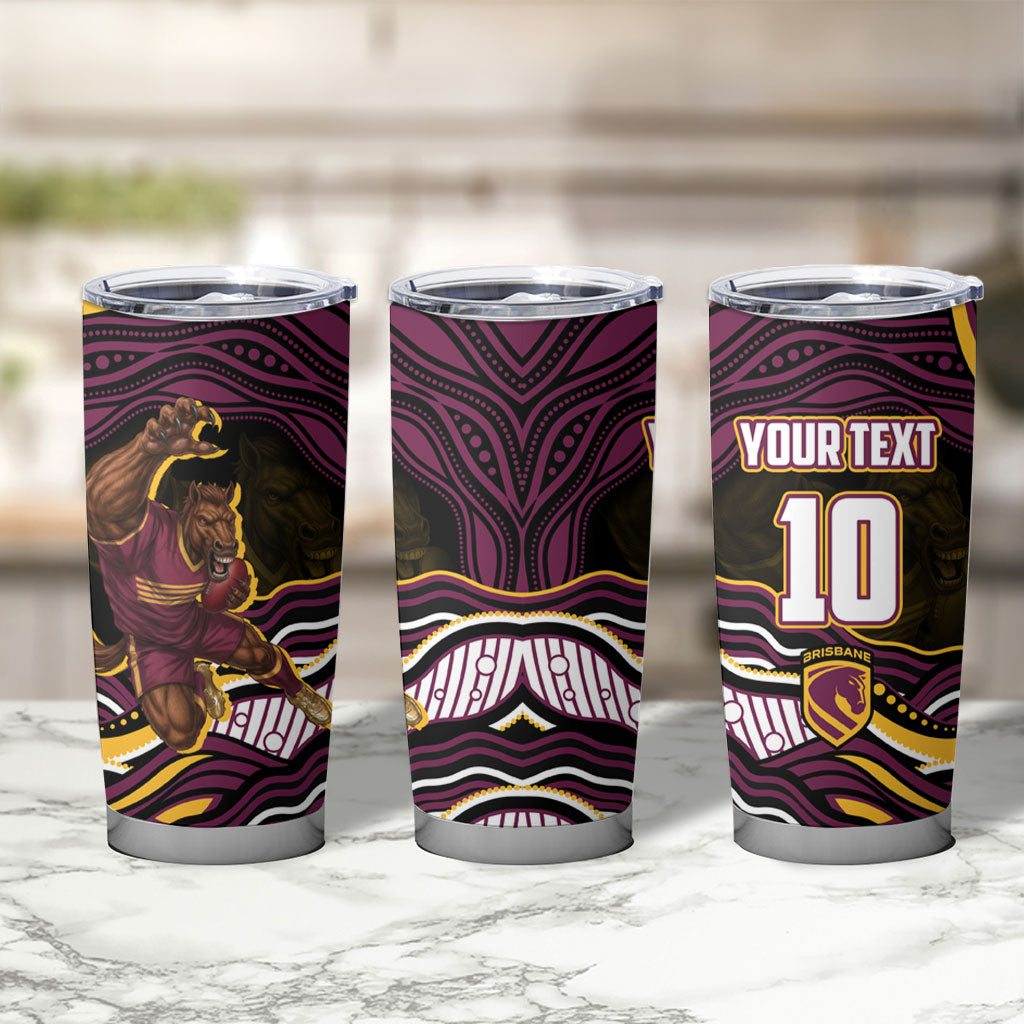 Personalized Brisbane Broncos Tumbler Cup Aboriginal Dot Art - Dreamtime Rugby Mascot