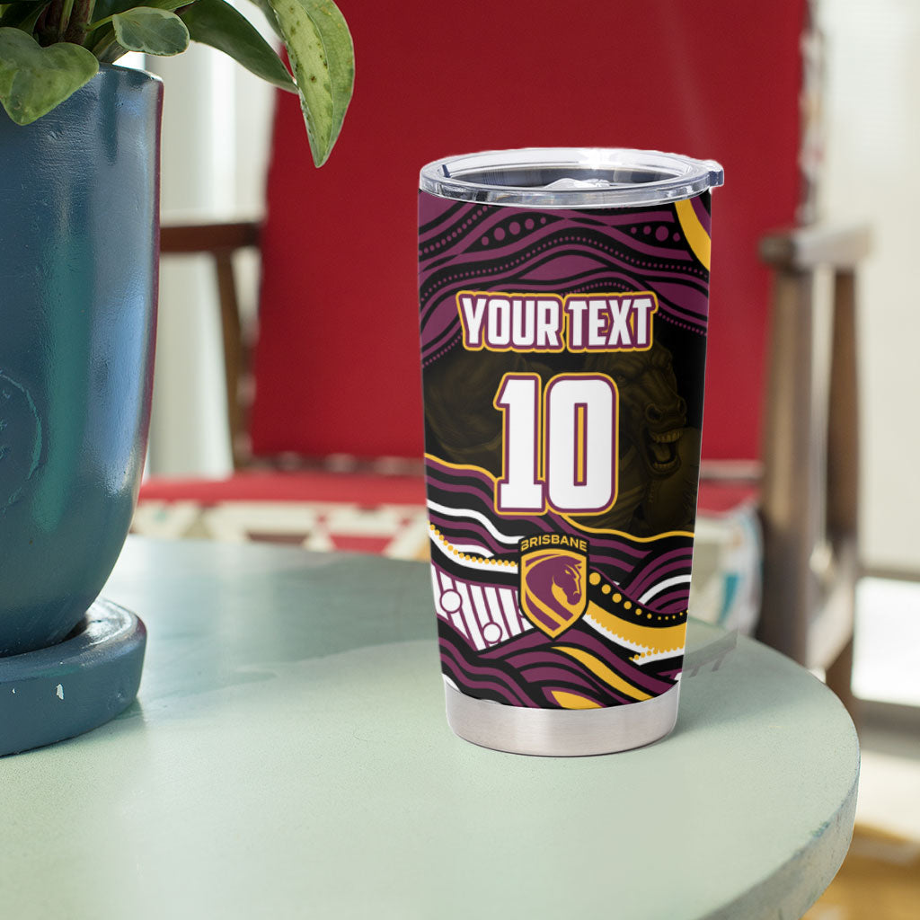 Personalized Brisbane Broncos Tumbler Cup Aboriginal Dot Art - Dreamtime Rugby Mascot