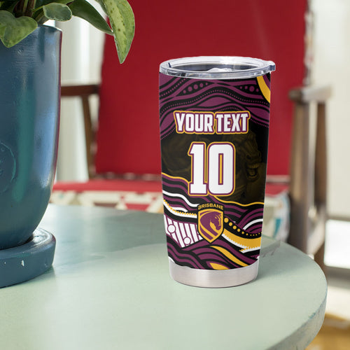 Personalized Brisbane Broncos Tumbler Cup Aboriginal Dot Art - Dreamtime Rugby Mascot