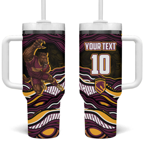 Personalized Brisbane Broncos Tumbler With Handle Aboriginal Dot Art - Dreamtime Rugby Mascot