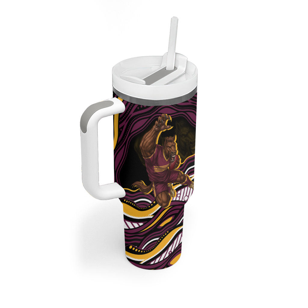 Personalized Brisbane Broncos Tumbler With Handle Aboriginal Dot Art - Dreamtime Rugby Mascot