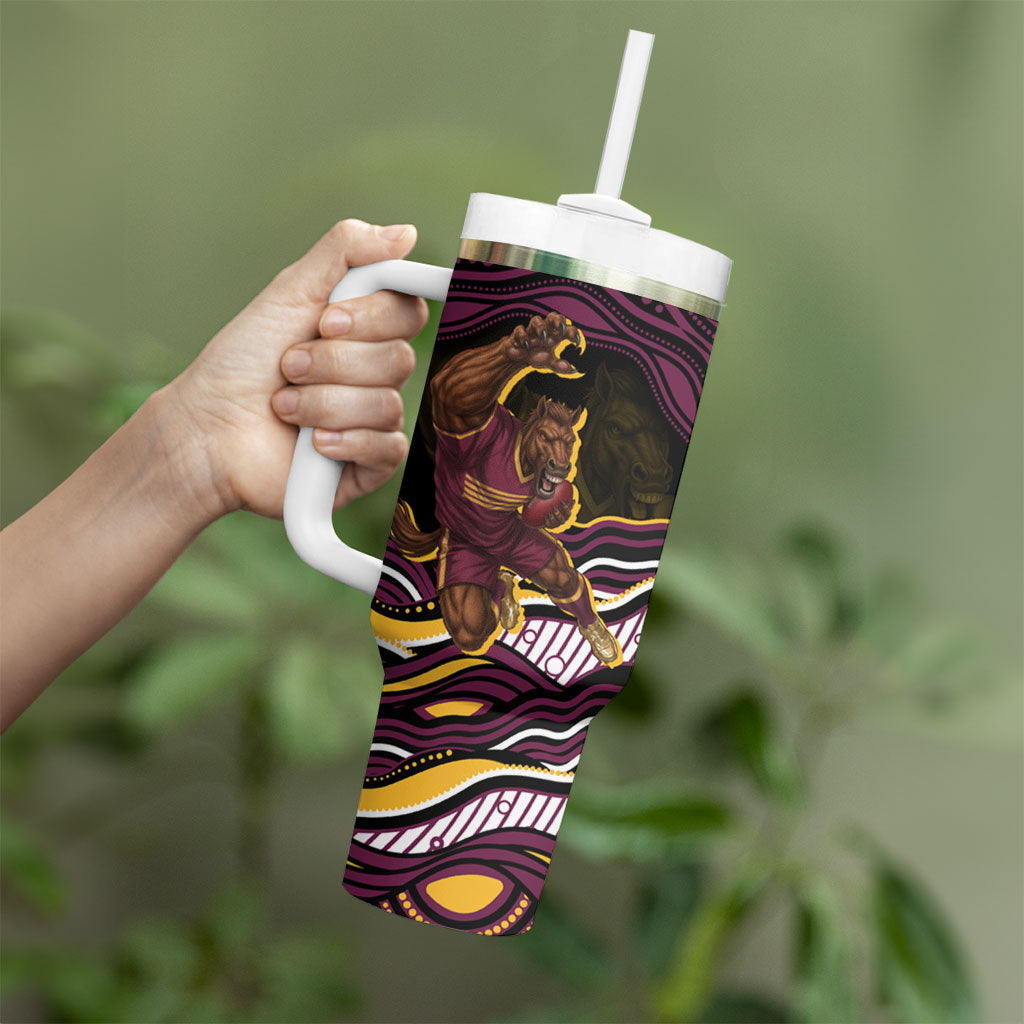 Personalized Brisbane Broncos Tumbler With Handle Aboriginal Dot Art - Dreamtime Rugby Mascot