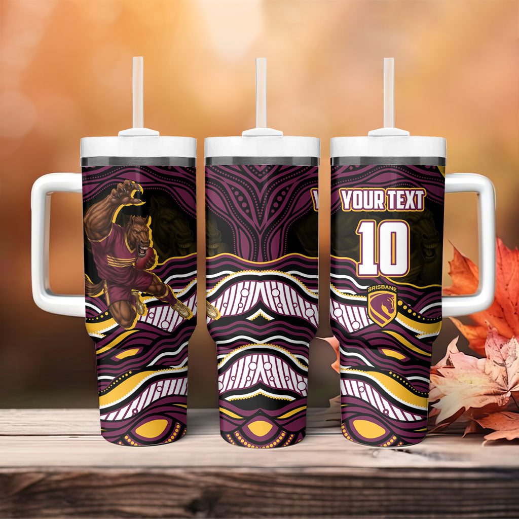 Personalized Brisbane Broncos Tumbler With Handle Aboriginal Dot Art - Dreamtime Rugby Mascot