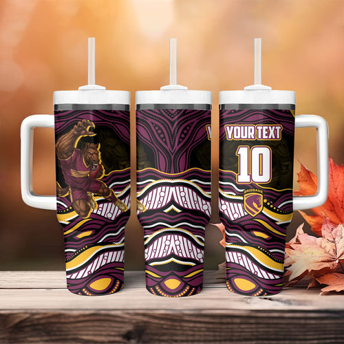 Personalized Brisbane Broncos Tumbler With Handle Aboriginal Dot Art - Dreamtime Rugby Mascot