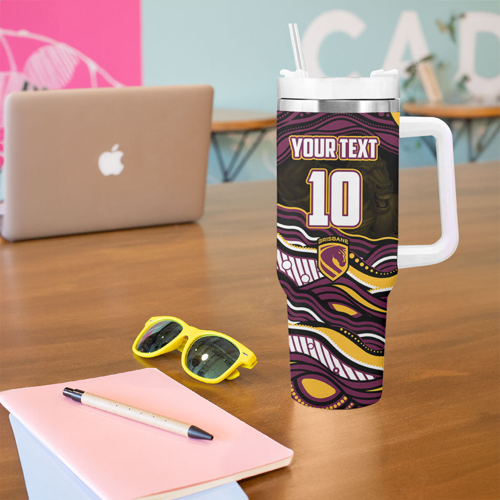 Personalized Brisbane Broncos Tumbler With Handle Aboriginal Dot Art - Dreamtime Rugby Mascot