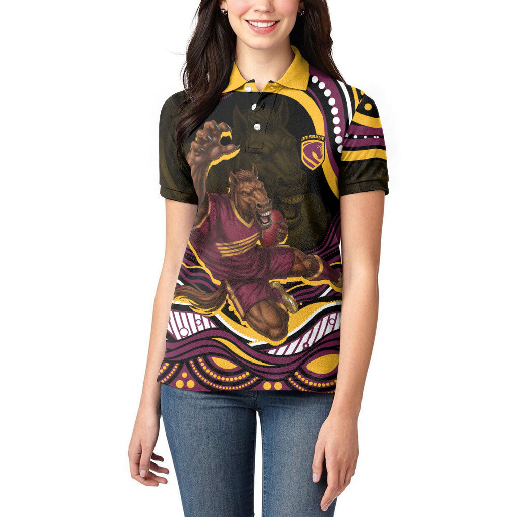 Personalized Brisbane Broncos Women Polo Shirt Aboriginal Dot Art - Dreamtime Rugby Mascot