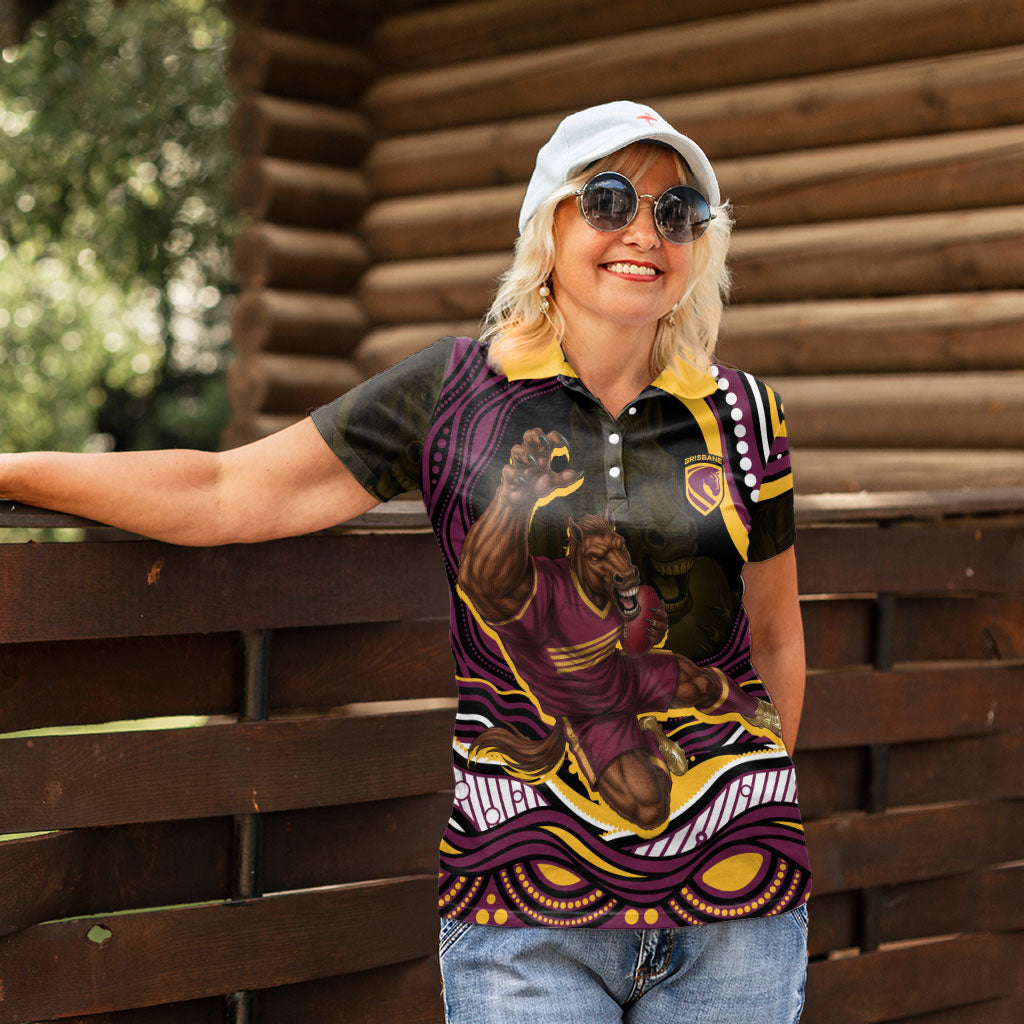 Personalized Brisbane Broncos Women Polo Shirt Aboriginal Dot Art - Dreamtime Rugby Mascot