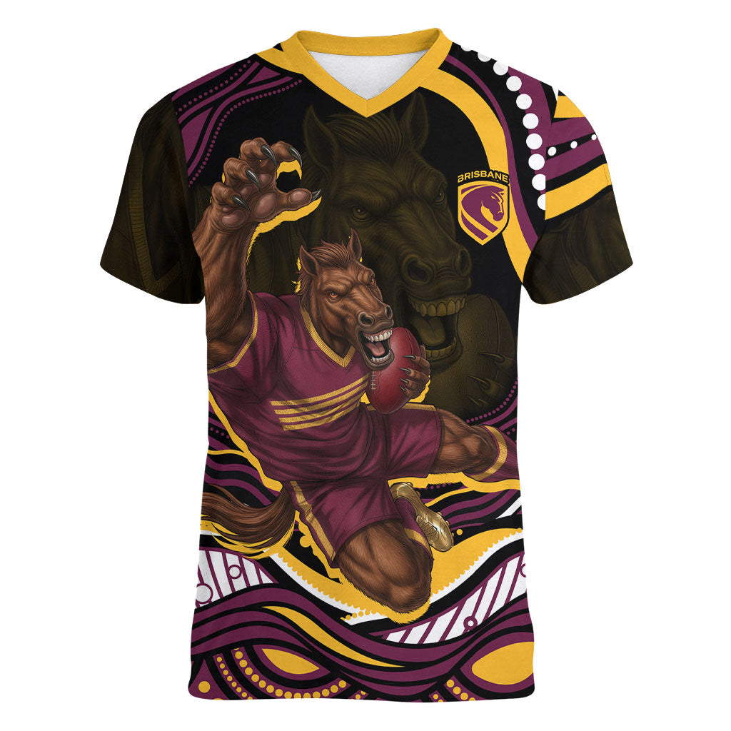 Personalized Brisbane Broncos Women V-Neck T-Shirt Aboriginal Dot Art - Dreamtime Rugby Mascot