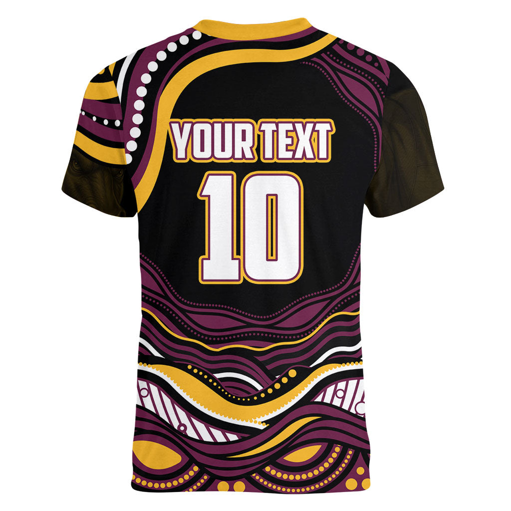Personalized Brisbane Broncos Women V-Neck T-Shirt Aboriginal Dot Art - Dreamtime Rugby Mascot
