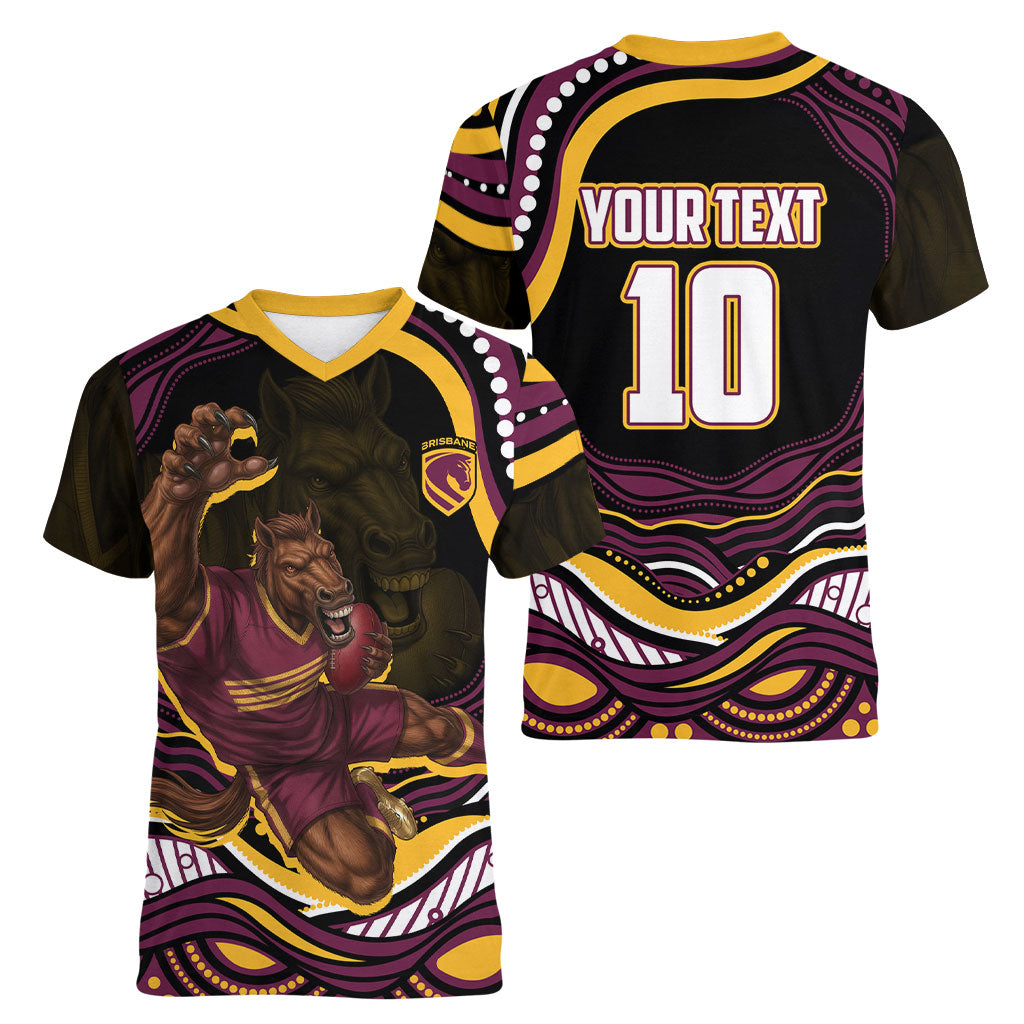 Personalized Brisbane Broncos Women V-Neck T-Shirt Aboriginal Dot Art - Dreamtime Rugby Mascot