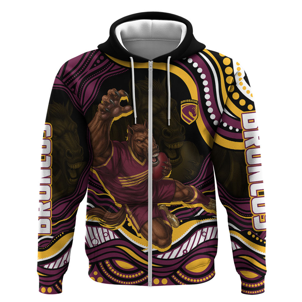 Personalized Brisbane Broncos Zip Hoodie Aboriginal Dot Art - Dreamtime Rugby Mascot