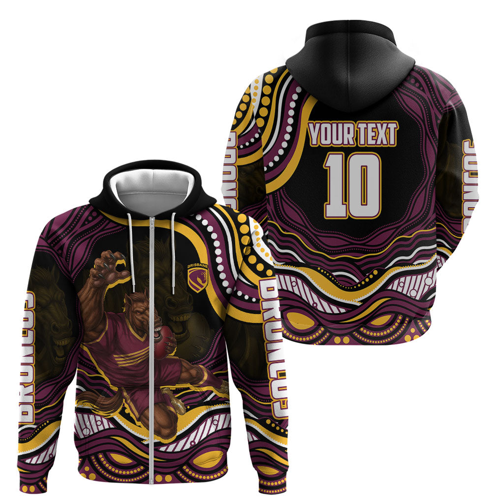 Personalized Brisbane Broncos Zip Hoodie Aboriginal Dot Art - Dreamtime Rugby Mascot