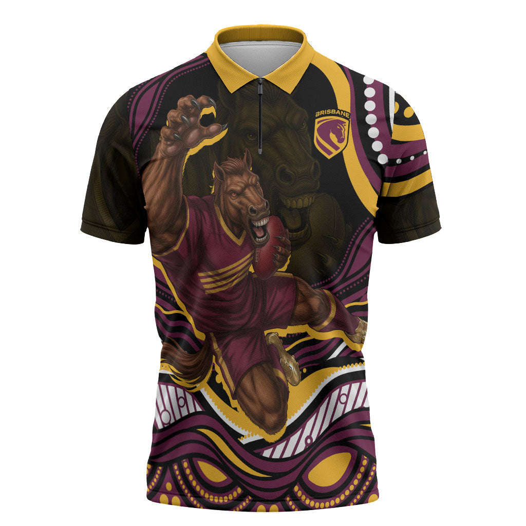 Personalized Brisbane Broncos Zipper Polo Shirt Aboriginal Dot Art - Dreamtime Rugby Mascot