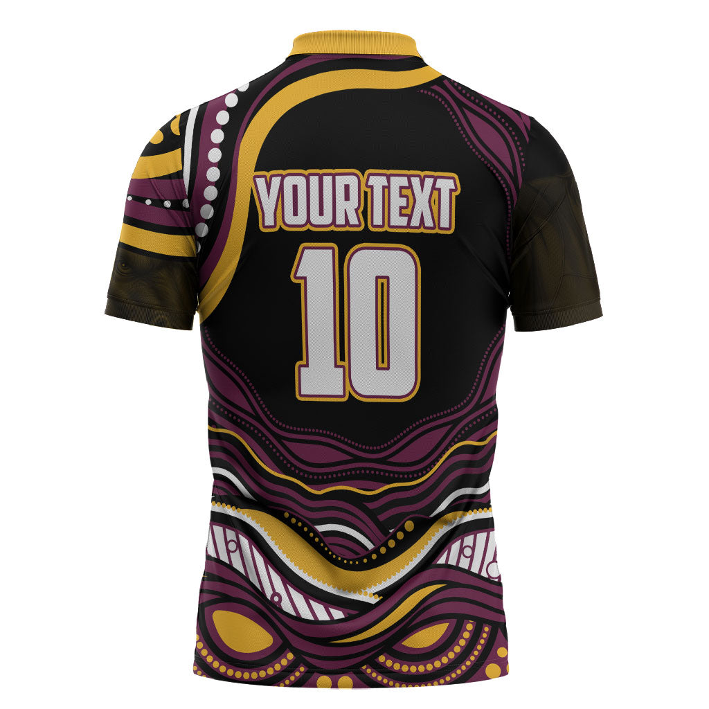 Personalized Brisbane Broncos Zipper Polo Shirt Aboriginal Dot Art - Dreamtime Rugby Mascot