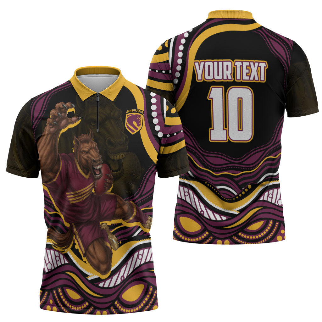 Personalized Brisbane Broncos Zipper Polo Shirt Aboriginal Dot Art - Dreamtime Rugby Mascot