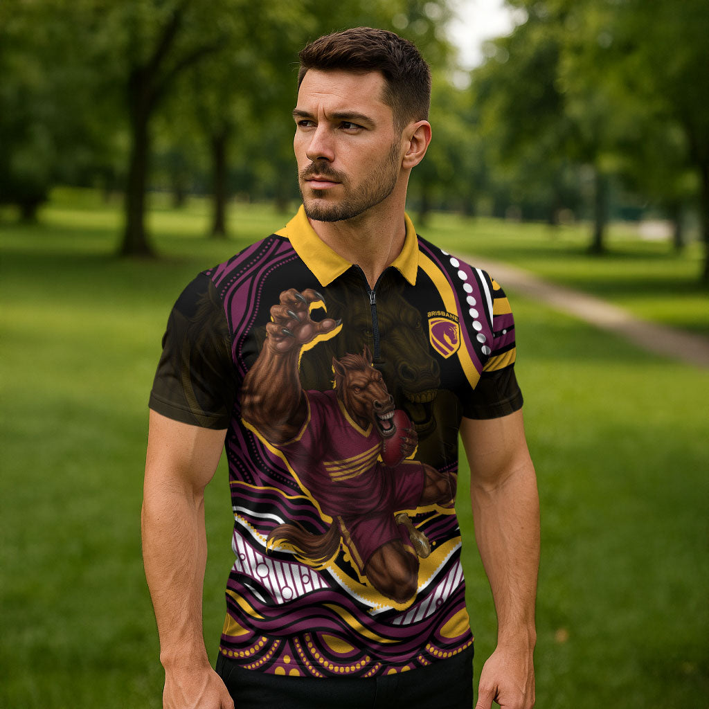 Personalized Brisbane Broncos Zipper Polo Shirt Aboriginal Dot Art - Dreamtime Rugby Mascot