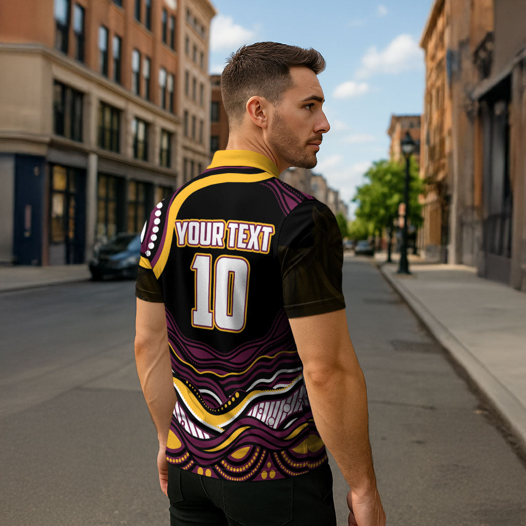 Personalized Brisbane Broncos Zipper Polo Shirt Aboriginal Dot Art - Dreamtime Rugby Mascot