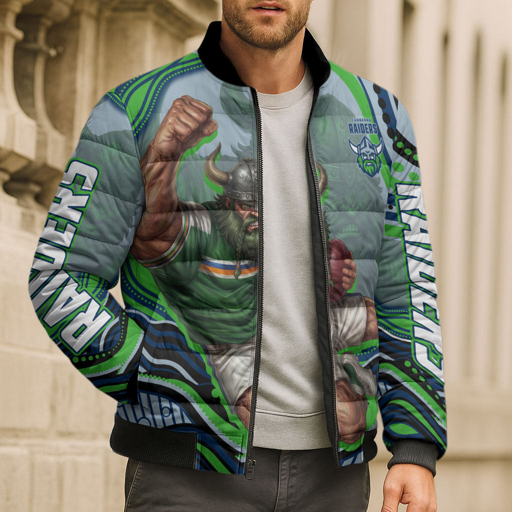 Personalized Canberra Raiders Bomber Puffer Jacket Aboriginal Dot Art - Dreamtime Rugby Mascot