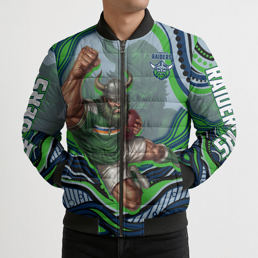 Personalized Canberra Raiders Bomber Puffer Jacket Aboriginal Dot Art - Dreamtime Rugby Mascot