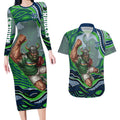Personalized Canberra Raiders Couples Matching Long Sleeve Bodycon Dress and Hawaiian Shirt Aboriginal Dot Art - Dreamtime Rugby Mascot