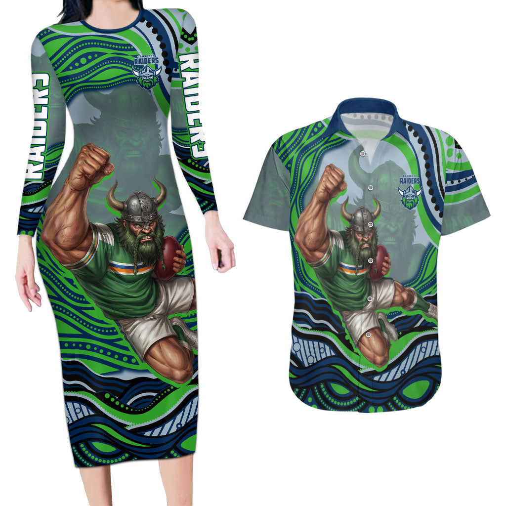 Personalized Canberra Raiders Couples Matching Long Sleeve Bodycon Dress and Hawaiian Shirt Aboriginal Dot Art - Dreamtime Rugby Mascot