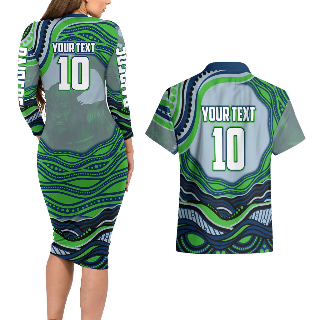 Personalized Canberra Raiders Couples Matching Long Sleeve Bodycon Dress and Hawaiian Shirt Aboriginal Dot Art - Dreamtime Rugby Mascot