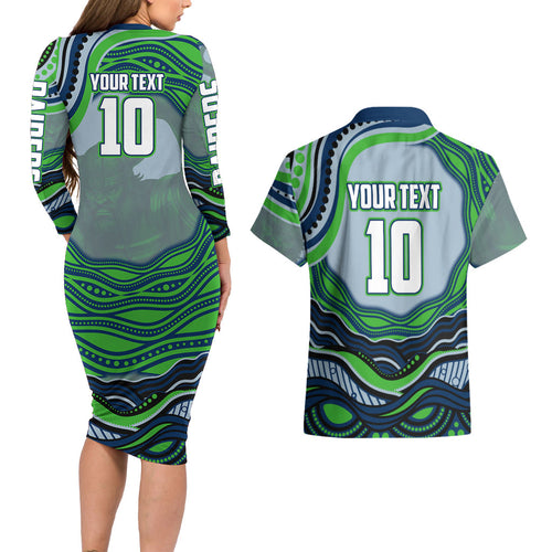 Personalized Canberra Raiders Couples Matching Long Sleeve Bodycon Dress and Hawaiian Shirt Aboriginal Dot Art - Dreamtime Rugby Mascot
