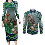 Personalized Canberra Raiders Couples Matching Long Sleeve Bodycon Dress and Long Sleeve Button Shirt Aboriginal Dot Art - Dreamtime Rugby Mascot