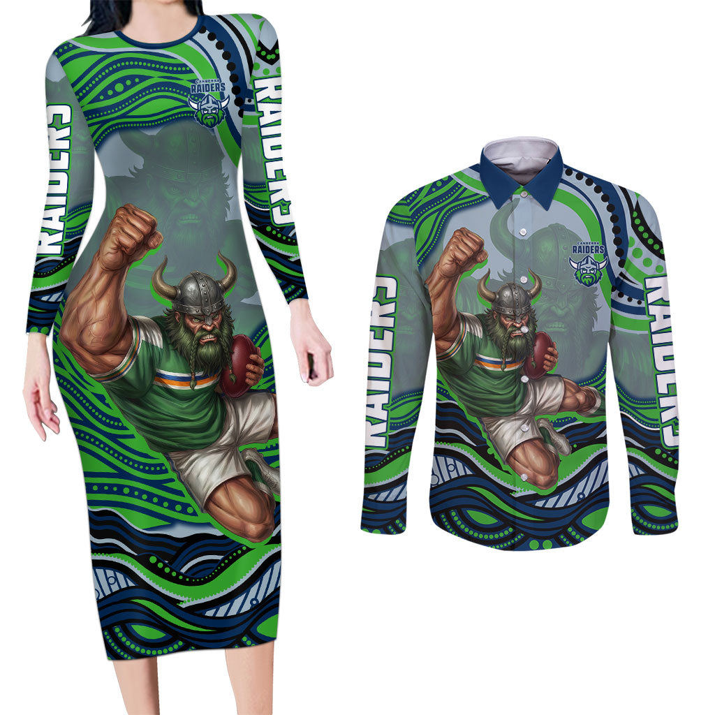 Personalized Canberra Raiders Couples Matching Long Sleeve Bodycon Dress and Long Sleeve Button Shirt Aboriginal Dot Art - Dreamtime Rugby Mascot