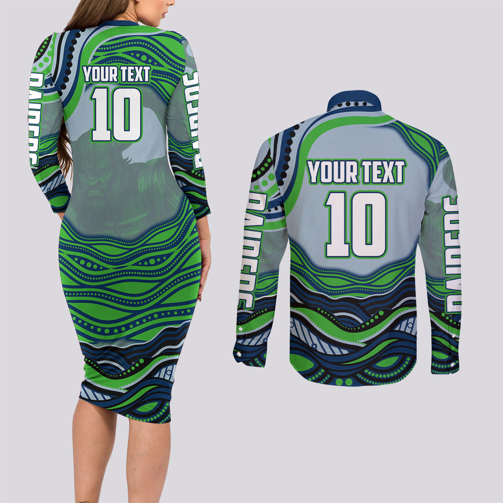 Personalized Canberra Raiders Couples Matching Long Sleeve Bodycon Dress and Long Sleeve Button Shirt Aboriginal Dot Art - Dreamtime Rugby Mascot