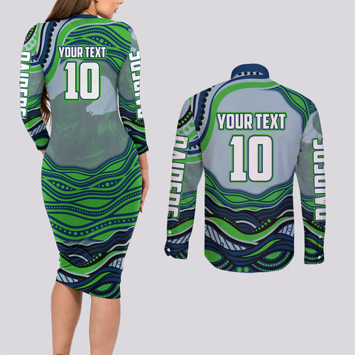 Personalized Canberra Raiders Couples Matching Long Sleeve Bodycon Dress and Long Sleeve Button Shirt Aboriginal Dot Art - Dreamtime Rugby Mascot