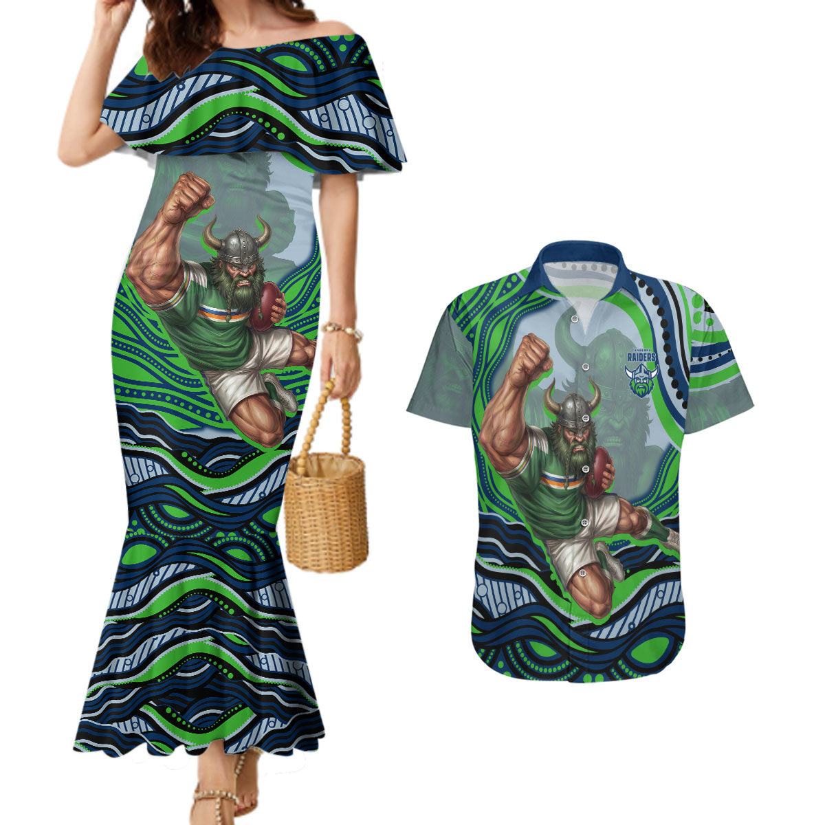 Personalized Canberra Raiders Couples Matching Mermaid Dress and Hawaiian Shirt Aboriginal Dot Art - Dreamtime Rugby Mascot