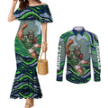 Personalized Canberra Raiders Couples Matching Mermaid Dress and Long Sleeve Button Shirt Aboriginal Dot Art - Dreamtime Rugby Mascot