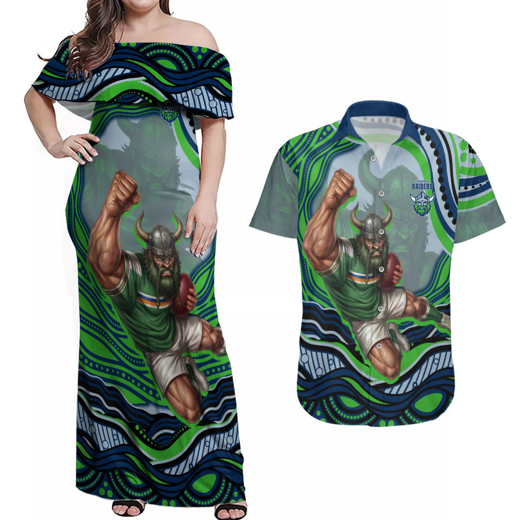 Personalized Canberra Raiders Couples Matching Off Shoulder Maxi Dress and Hawaiian Shirt Aboriginal Dot Art - Dreamtime Rugby Mascot