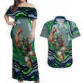 Personalized Canberra Raiders Couples Matching Off Shoulder Maxi Dress and Hawaiian Shirt Aboriginal Dot Art - Dreamtime Rugby Mascot
