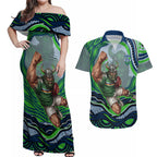 Personalized Canberra Raiders Couples Matching Off Shoulder Maxi Dress and Hawaiian Shirt Aboriginal Dot Art - Dreamtime Rugby Mascot