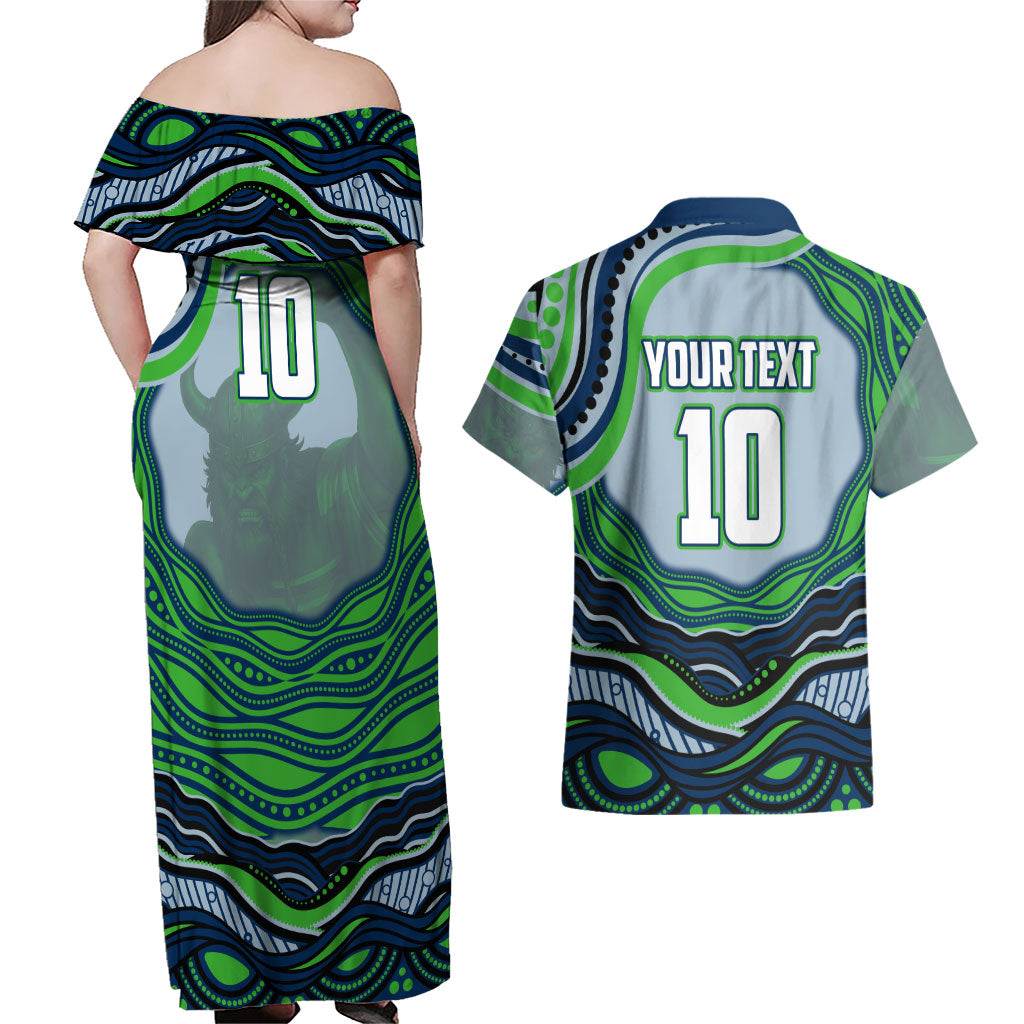 Personalized Canberra Raiders Couples Matching Off Shoulder Maxi Dress and Hawaiian Shirt Aboriginal Dot Art - Dreamtime Rugby Mascot