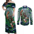 Personalized Canberra Raiders Couples Matching Off Shoulder Maxi Dress and Long Sleeve Button Shirt Aboriginal Dot Art - Dreamtime Rugby Mascot