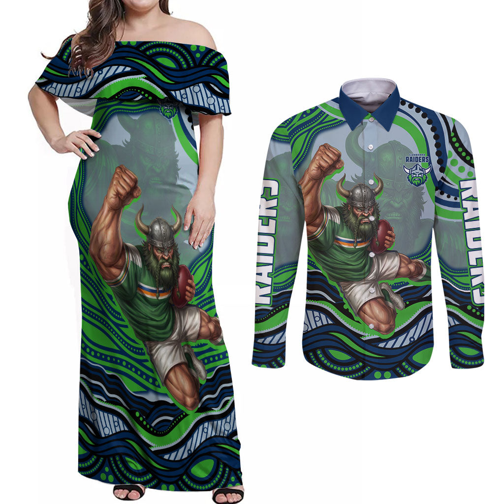 Personalized Canberra Raiders Couples Matching Off Shoulder Maxi Dress and Long Sleeve Button Shirt Aboriginal Dot Art - Dreamtime Rugby Mascot