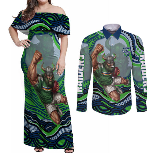 Personalized Canberra Raiders Couples Matching Off Shoulder Maxi Dress and Long Sleeve Button Shirt Aboriginal Dot Art - Dreamtime Rugby Mascot