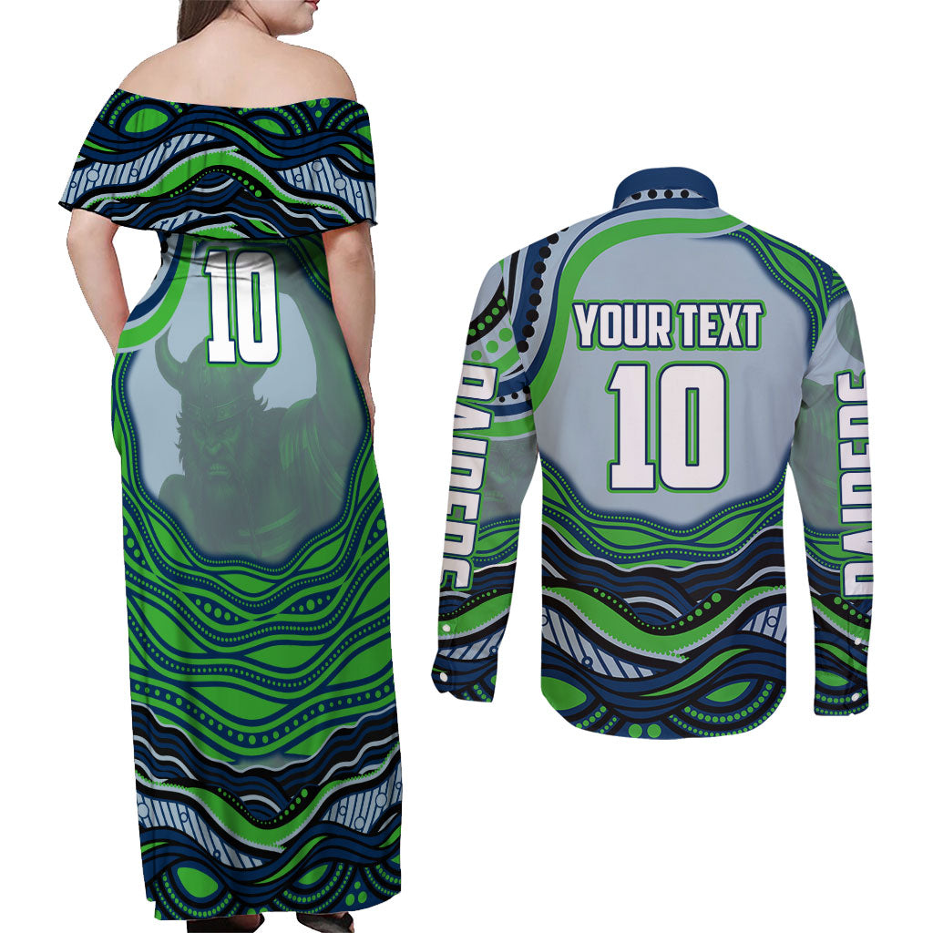 Personalized Canberra Raiders Couples Matching Off Shoulder Maxi Dress and Long Sleeve Button Shirt Aboriginal Dot Art - Dreamtime Rugby Mascot