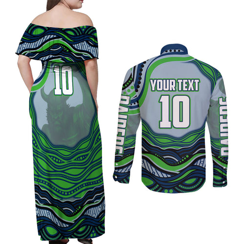 Personalized Canberra Raiders Couples Matching Off Shoulder Maxi Dress and Long Sleeve Button Shirt Aboriginal Dot Art - Dreamtime Rugby Mascot