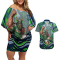 Personalized Canberra Raiders Couples Matching Off Shoulder Short Dress and Hawaiian Shirt Aboriginal Dot Art - Dreamtime Rugby Mascot