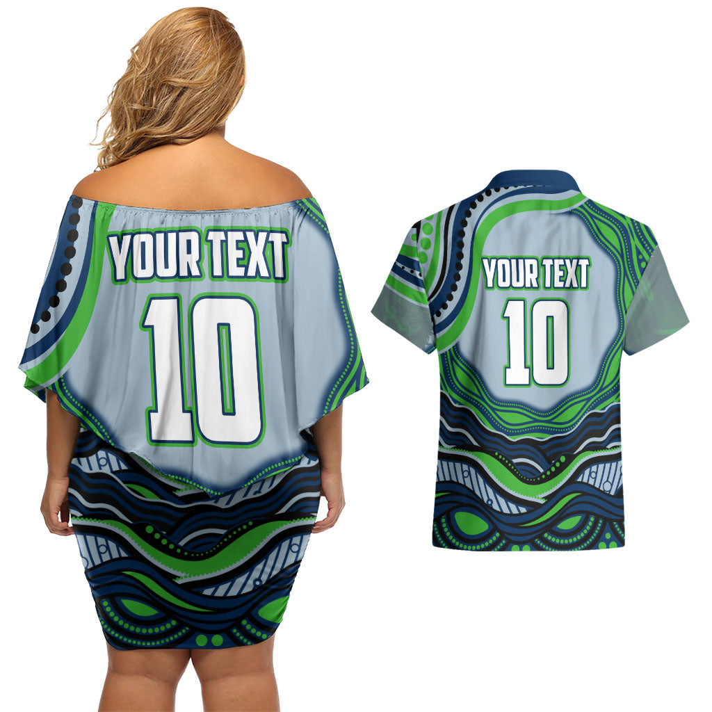 Personalized Canberra Raiders Couples Matching Off Shoulder Short Dress and Hawaiian Shirt Aboriginal Dot Art - Dreamtime Rugby Mascot