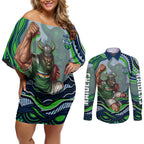 Personalized Canberra Raiders Couples Matching Off Shoulder Short Dress and Long Sleeve Button Shirt Aboriginal Dot Art - Dreamtime Rugby Mascot