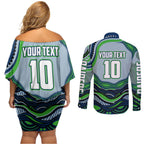 Personalized Canberra Raiders Couples Matching Off Shoulder Short Dress and Long Sleeve Button Shirt Aboriginal Dot Art - Dreamtime Rugby Mascot